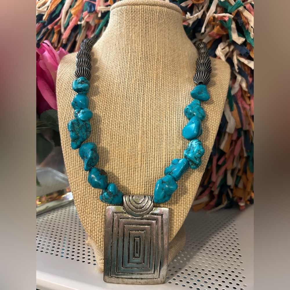 Handmade beaded semi precious turquoise howlite stones beaded necklace